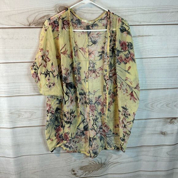Olive Tree Yellow Floral Print Short Sleeve Sheer Cardigan Size Large - Picture 1 of 5